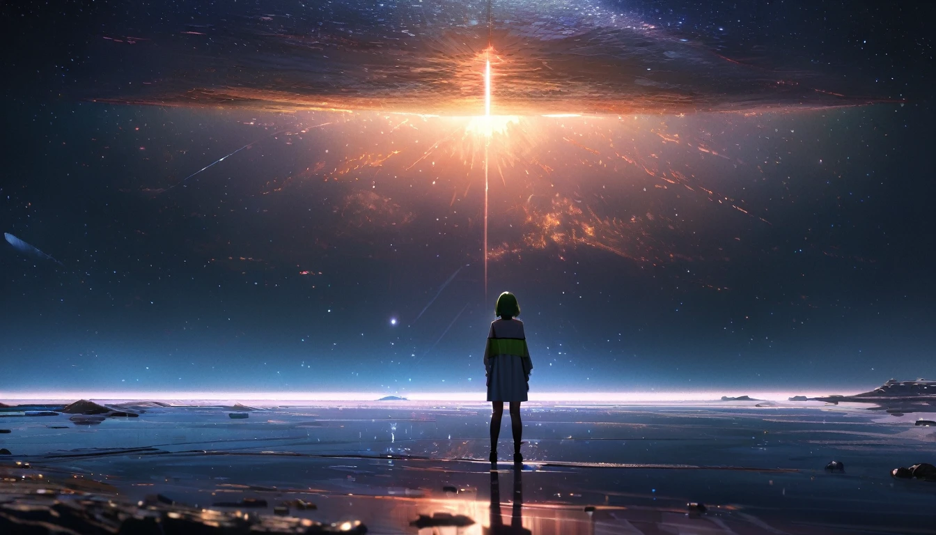 (Best quality), (masterpiece), (photorealistic), (realistic), ultra-detailed, unity 8k wallpaper, extremely detailed CG, ray tracking, sharp shadows, wonderful details, depth of field, Ultra detailed background, (background oriented, Horizon, reflection), starry sky twinkling in the fullness of the sky, Lots of water bubbles floating around. quiet night, midnight, Dramatic lighting, wide shot, shot from the grand, back shot, from below, perfect lighting, panoramic view, dynamic shot, (1 girl, green short hair, white Slip Dress, standing):0.8, standing water's surface, Full body, distant view, face not visible, looking far away, nature spreading out, no civilization in sight, no buildings,