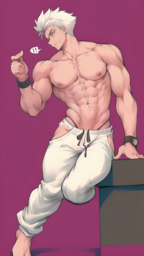 full body in image, masculine pose, jogger pants, harem pants, unique hair, full man, white harem pants, male body, slender body, short hair, full body, hot body, sexy male body, dinamic pose, six patch. detalied pose, body, simple background, expressive face, focus on face, line art, sketch
