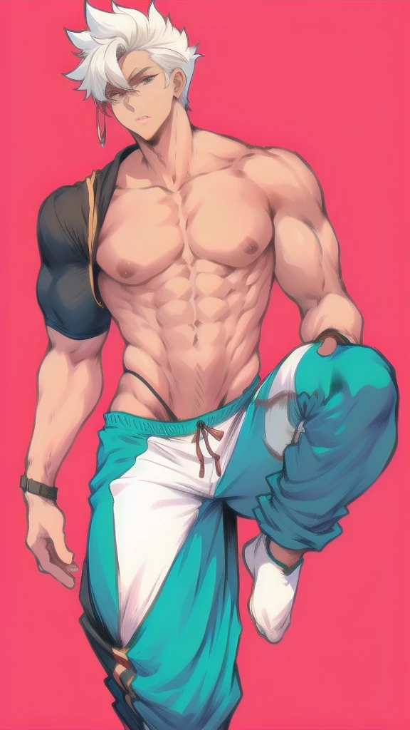 full body in image, masculine pose, jogger pants, harem pants, unique hair, full man, white harem pants, male body, slender body, short hair, full body, hot body, sexy male body, dinamic pose, six patch. detalied pose, body, simple background, expressive face, focus on face, line art, sketch