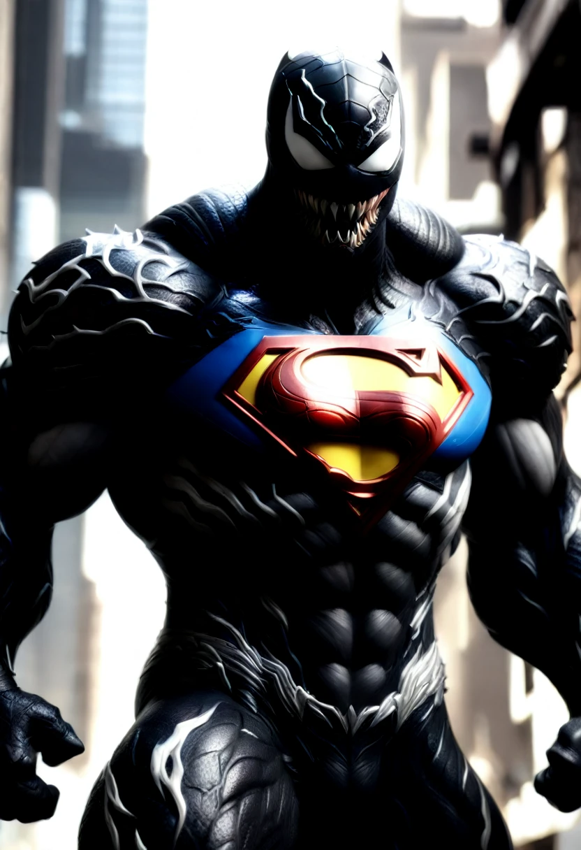 Make detailed superman and detailed venom fused with lots of details, detailed language, detailed look, detailed muscular body