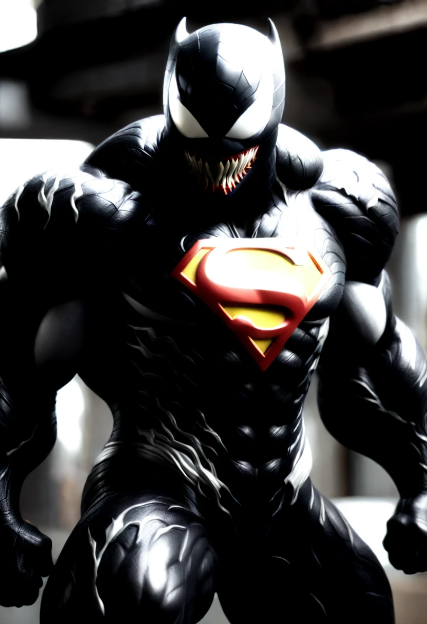 Make detailed superman and detailed venom fused with lots of details, detailed language, detailed look, detailed muscular body