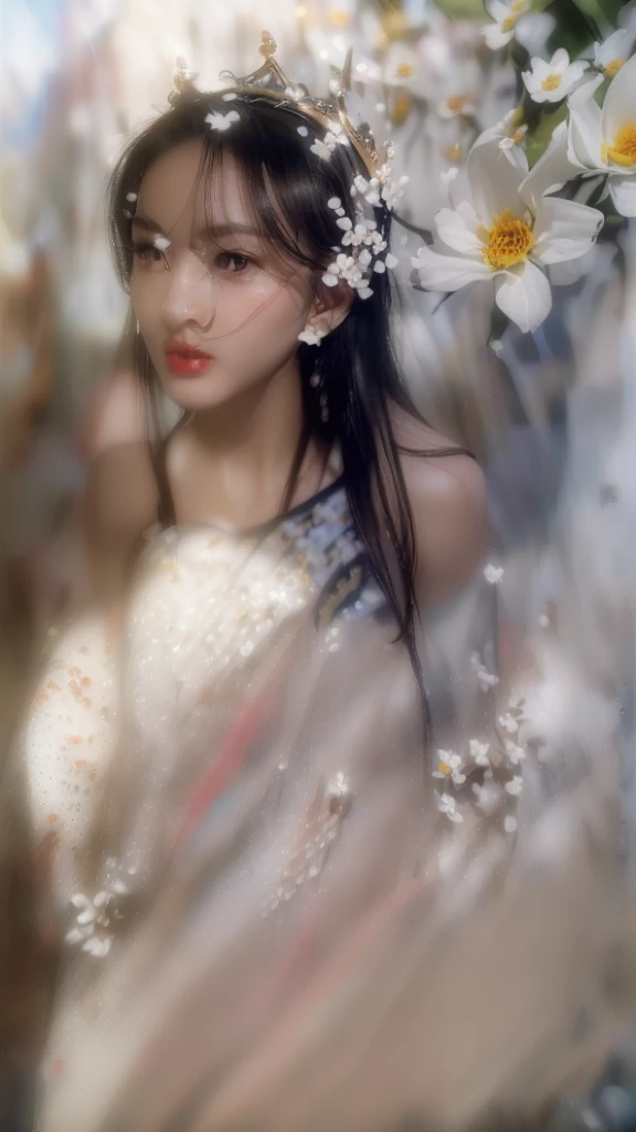((Hyper realistic super detailed, masterpiece:9.8, top quality:9.8, best quality:9.8, official art, beautiful2.9), safe for work, sfw, ultra high res, (photorealistic:3.5), extreme detailed, colorful, highest detailed, official art, unity 8k wallpaper, ultra detailed, 1girl, very hot, very sexy, Detailed face:3.0, face is clear and delicate, 8K RAW, perfect face, Ultra realism, ((ung Apsara, age 23, very hot, posing in heaven), white clouds, (((a little crown made of flowers on head, jawline))), ((cinematic shot, cinematic lighting, closeup shot, red lips, female anatomy)), ((long hair:2.2, straight hair:2.4, young apsara, detailed eyes, bare shoulders, white background, sky in background)), ((photo realistic, depth of field, fair skin:1.2)), high resolution, solo, gorgeous:2.5, upper body, cinematic lighting, HDR (High Dynamic Range), Ray Tracing, NVIDIA RTX, Super-Resolution, Unreal 5, Subsurface scattering, PBR Texturing, Post-processing, Anisotropic Filtering, Depth-of-field, Maximum clarity and sharpness, Multi-layered textures, Surface shading, Accurate simulation of light-material interaction, Perfect proportions, Octane Render, Two-tone lighting, Wide aperture, Low ISO, White balance, Rule of thirds