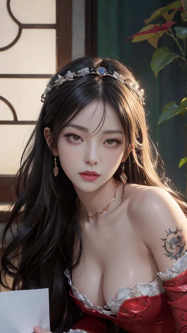 Is it OKですか、(best illustrations)、8k UHD resolution、intricate details、highest quality、realistic、Super detailed、best lighting、best shadows、soft lighting、ultra HD、超Realistic、Tyndall effect、Photoreal、(high detail skin:1.2)、 (intricate details, compensate, face to face with the children_v1:0.5), (OK, beautiful and delicate face, Is it OK, beautiful and delicate eyes, perfectly proportioned face, high resolution skins, fine skin, Optimal ratio of 4 fingers and 1 thumb, arm under chest, red tattoo on lower abdomen、wow wow, wide hips, smooth abdomen, thin and thin skin, __fashion__, __hair__:1.25)、Digital single-lens reflex camera、 absurdes、Beautiful devil woman from hell, Surreal female portraits by David Hockney and Alphonse Mucha, Portrait of a seductive woman、fantasy art, chinese doll、Chinese actress、Dungeon、dragon、devil&#39;Palace of、devil&#39;torture chamber、night、dark style 、in the dark、(detailed spooky background:0.8), magic、 1 girl、evil nun、dark necromancer、Succubus、devil&#39;Daughter of、Shinonome Umi、bat wings，(((devil&#39;Horn)))、 ((((giant glasses, otaku glasses, thick glasses, round glasses)))),(((big breasts)))、(devil&#39;tail)、(Red eyes are shining:1.6)、The red eyes are very clear and detailed, your eyes are made up so beautifully, ((red eyes:1.0)),intricate tattoo, demonic intricate tattoo, Tattoo on the thigh, body tattoo, masterpiece、the most beautiful face、baby face、cute smile、beautiful plump red lipuscular seductive body、devil&#39;seductive body、devil style、Fascinating black magic costume、(((A shiny red snake is wrapped around her body.)))、The long-haired、Braid、Black hair、Ponytail distortion、, Ponytail with a bow tied at the back of the hair, beautiful expression、body up、Big breasts emphasis、bust,  super tight chest, Breast augmentation surgery, The chest is very large and round,tight waist、wide ass、 secret key, cowboy lens, (Black Phoenix Dress: 1.0),  devil crown,  red sparkling gemstone necklace、Jewelry G Wise,  Please wear black mesh socks,wearing a 