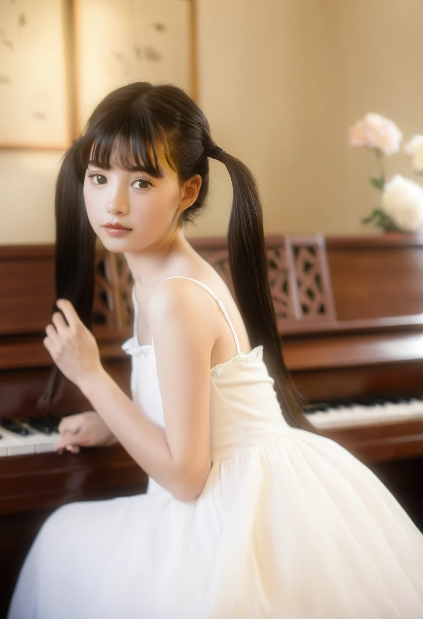 a young woman with long, dark hair styled in twintails. She is wearing a white dress with thin straps and is seated at a piano. She has a focused expression and is looking directly at the viewer. The piano has a wooden finish, and there's a decorative frame on the wall behind it. The image has a soft, blurry background, emphasizing the subject. The lighting is soft, and the overall mood of the image is serene and introspective.