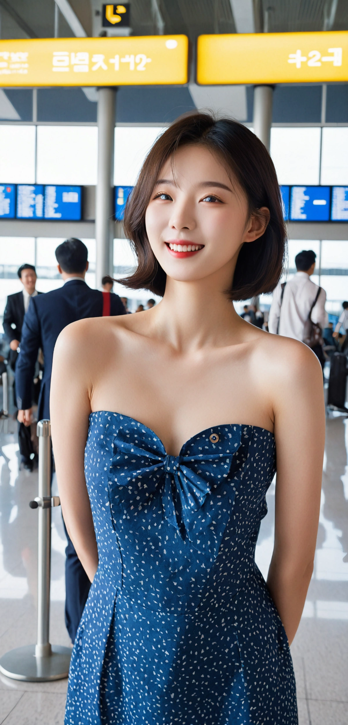 beautiful korean girl , 32 inch chest size, Your eyes are big and pretty. Standing in the departure hall of the airport. . short medium hair, A dress that completely covers the chest, laugh, uhd