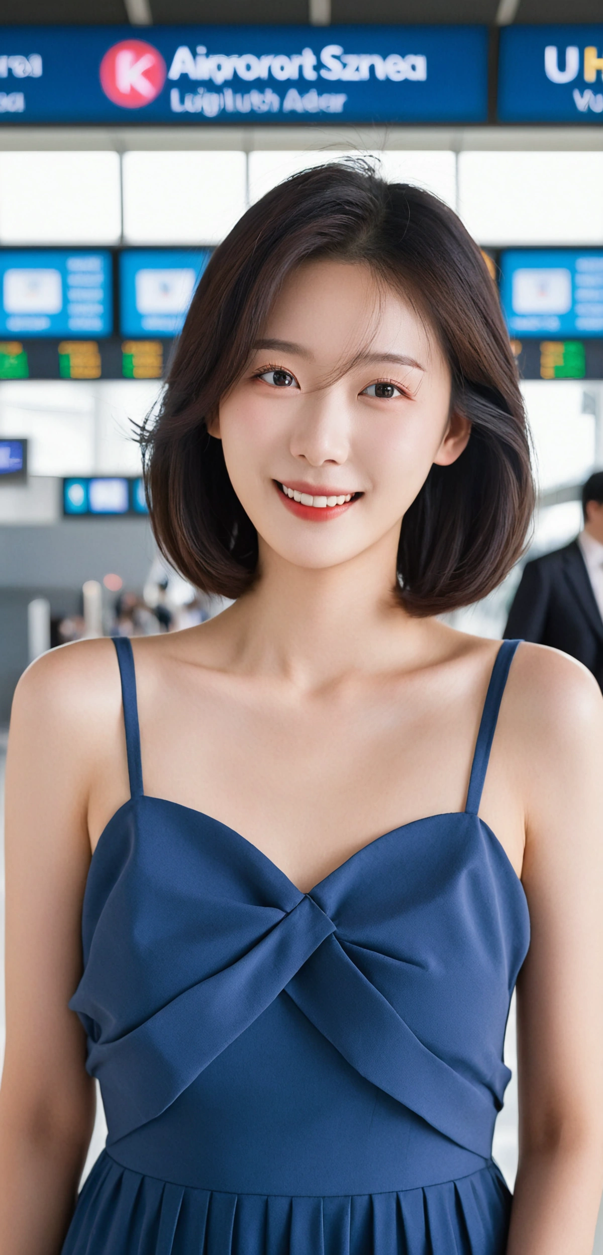 beautiful korean girl , 32 inch chest size, Your eyes are big and pretty. Standing in the departure hall of the airport. . short medium hair, A dress that completely covers the chest, laugh, uhd