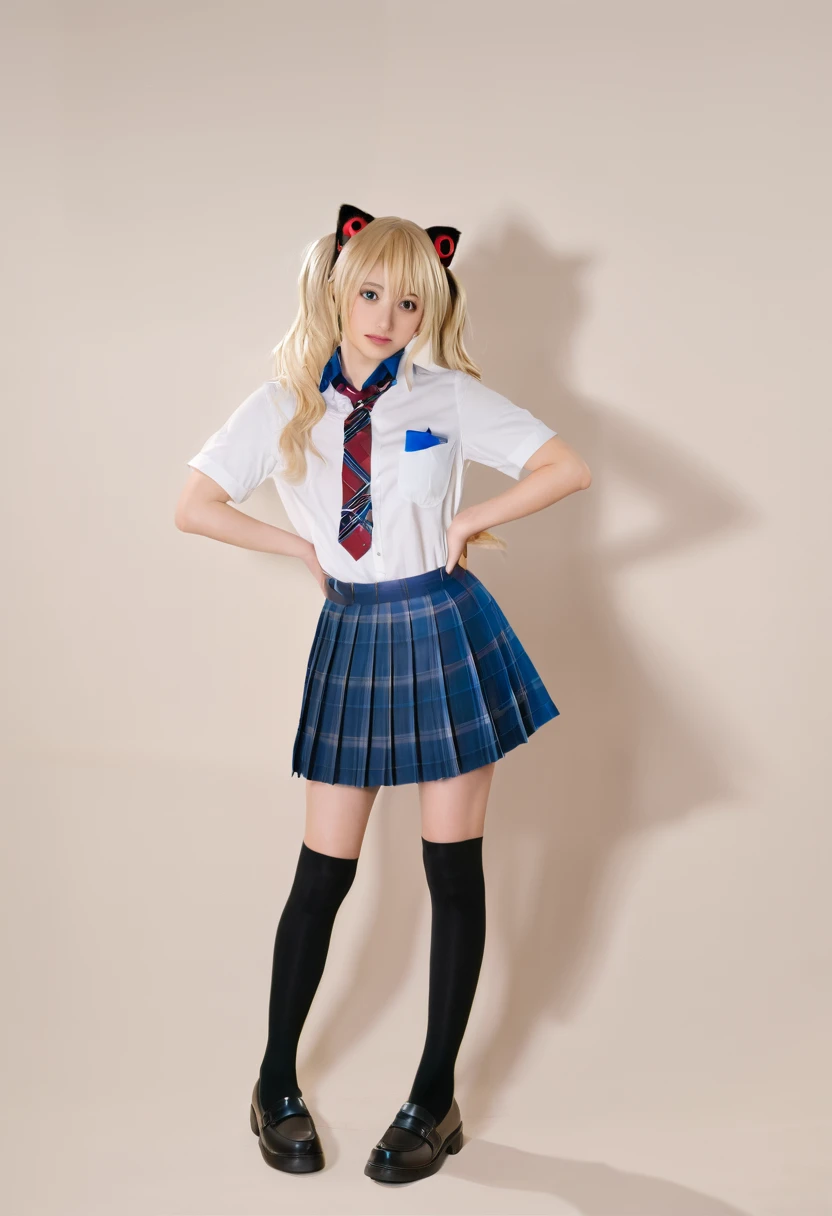 young woman, asian, cosplay, skirt, blonde hair, kitagawa marin, necktie, blue skirt, plaid skirt, shirt, long hair, , plaid, choker, multicolored hair, black choker, solo, white shirt, blue necktie, collared shirt, gradient hair, looking at viewer, bangs, full body, socks, realistic, jewelry, red eyes, pleated skirt, black footwear, black socks