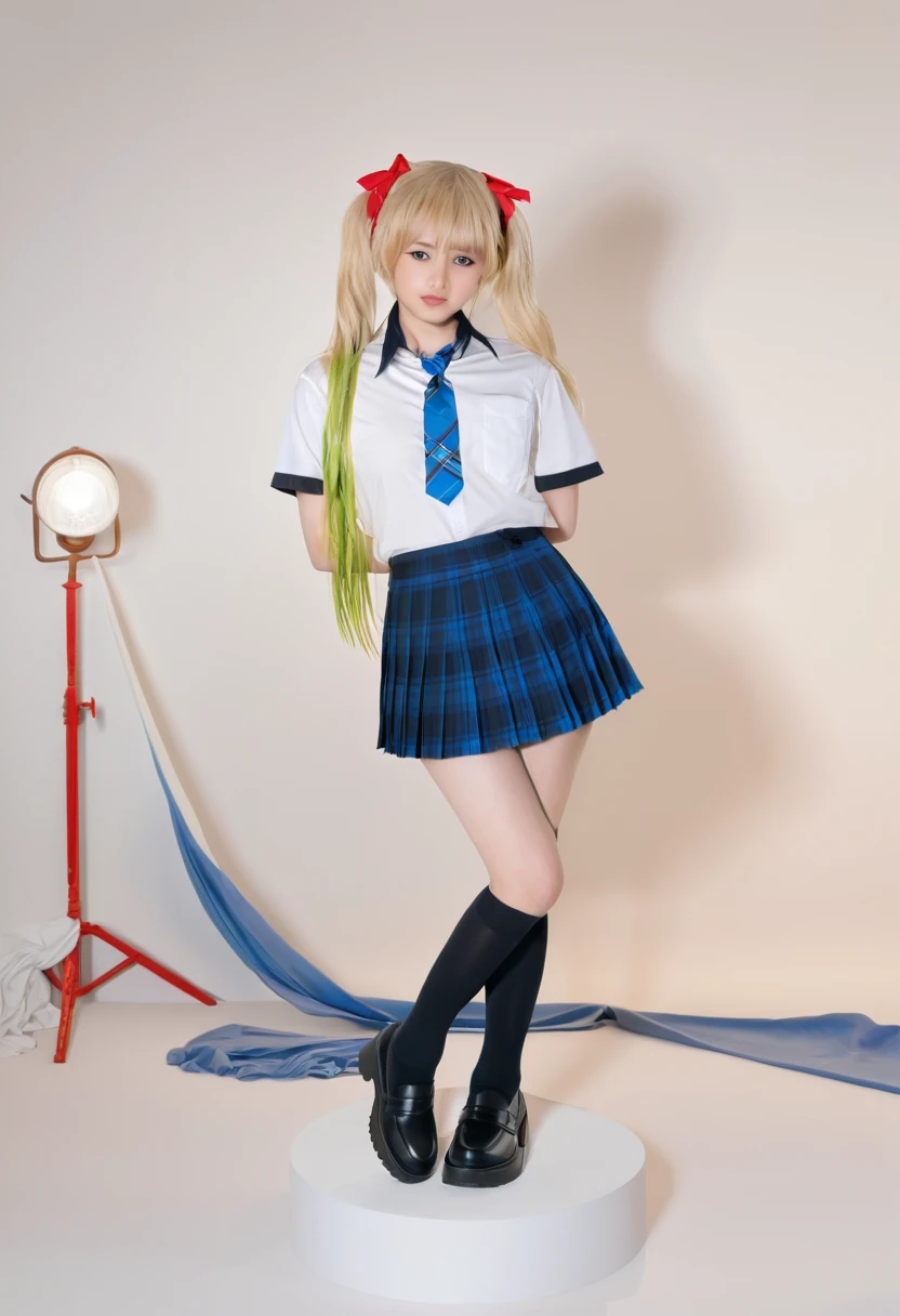 young woman, asian, cosplay, skirt, blonde hair, kitagawa marin, necktie, blue skirt, plaid skirt, shirt, long hair, , plaid, choker, multicolored hair, black choker, solo, white shirt, blue necktie, collared shirt, gradient hair, looking at viewer, bangs, full body, socks, realistic, jewelry, red eyes, pleated skirt, black footwear, black socks