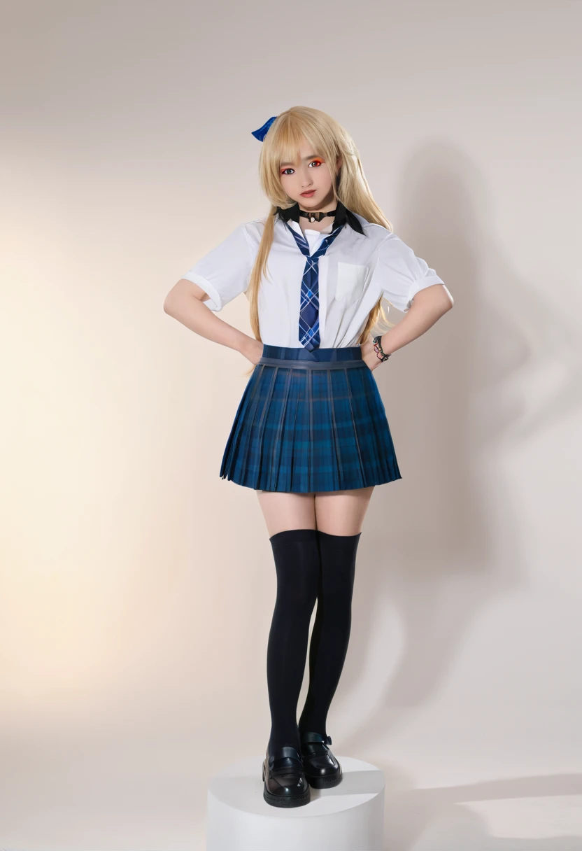 young woman, asian, cosplay, skirt, blonde hair, kitagawa marin, necktie, blue skirt, plaid skirt, shirt, long hair, , plaid, choker, multicolored hair, black choker, solo, white shirt, blue necktie, collared shirt, gradient hair, looking at viewer, bangs, full body, socks, realistic, jewelry, red eyes, pleated skirt, black footwear, black socks
