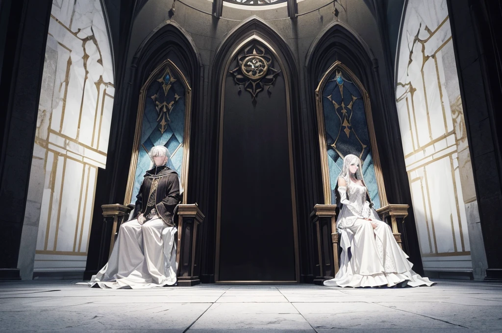 An image of a large gothic throne, dark and gritty throne room, stained glass on walls, 2 thrones side-by-side, 1 throne is black marble with white cushions, 1 throne is white marble with black cushions 