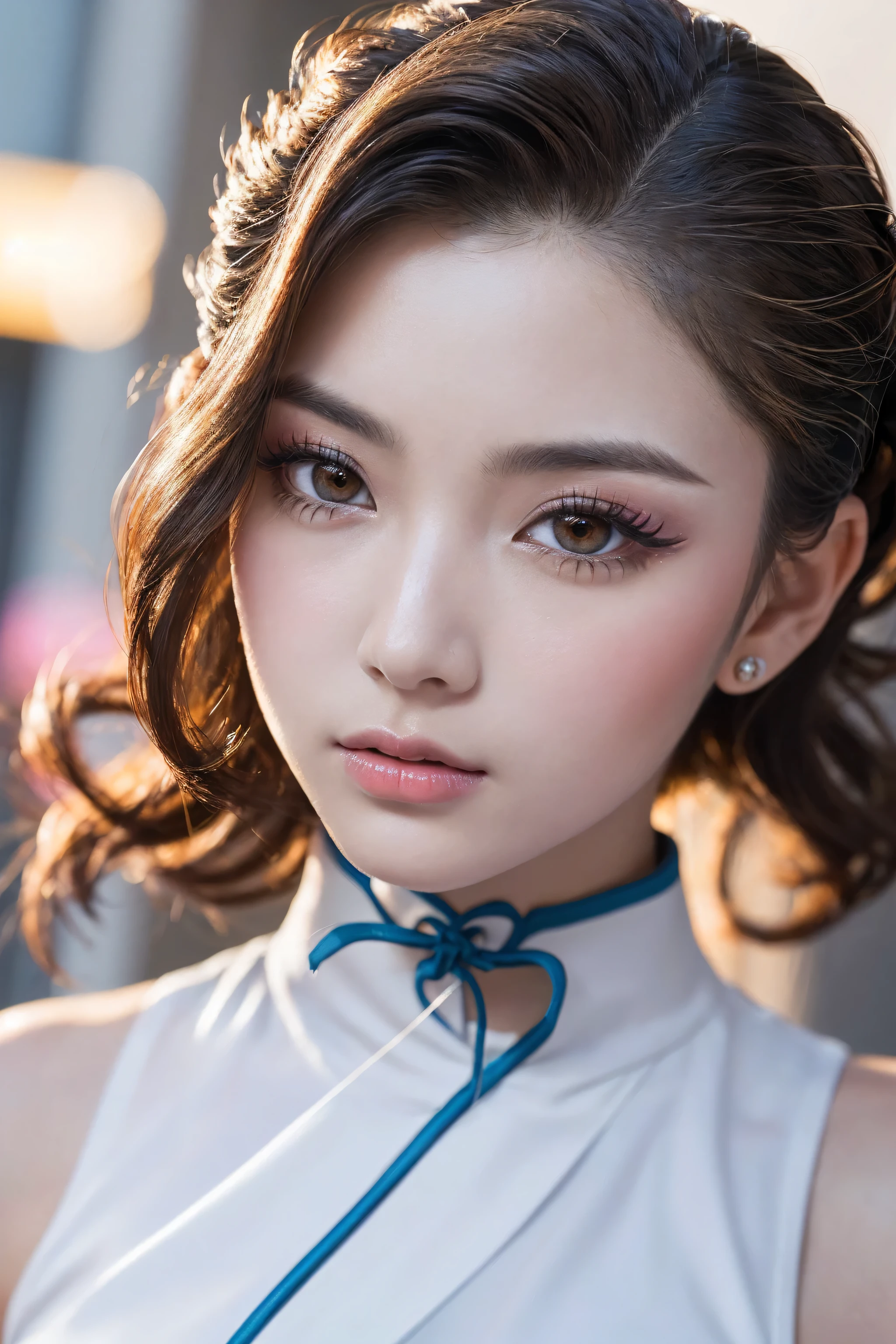 (absurd quality,16k,highres,masterpiece:1.2), ultra details,UHD,(photorealistic Realism 16K Quality), (1woman:1.3 22-year-old), (super quality details, realistic texture: skin, hair), (the most absurd quality perfect eyes), ((natural super beautiful cute sharp-face)), (light pale complexion), ((clear no blur and sharp perfect round realistic brown_eyes:1.35)), finely detailed pupils, detailed lips:1.3, BREAK, ((Fujicolor、daytime soft lighting)、fashion supermodel、((curly heban hair (slicked to the two side) Intricately detailed:1.35)), BREAK, (pink_makeup:1.3), BREAK, ((Classic and sexy ((white)) cheongsam)、Detailed blue decoration:1.3)), BREAK, (Fitted clothing:1.3)、dynamic pose、((close-up of her face:1.35)), (no decorations in the hair), (dark shot:1.2),
