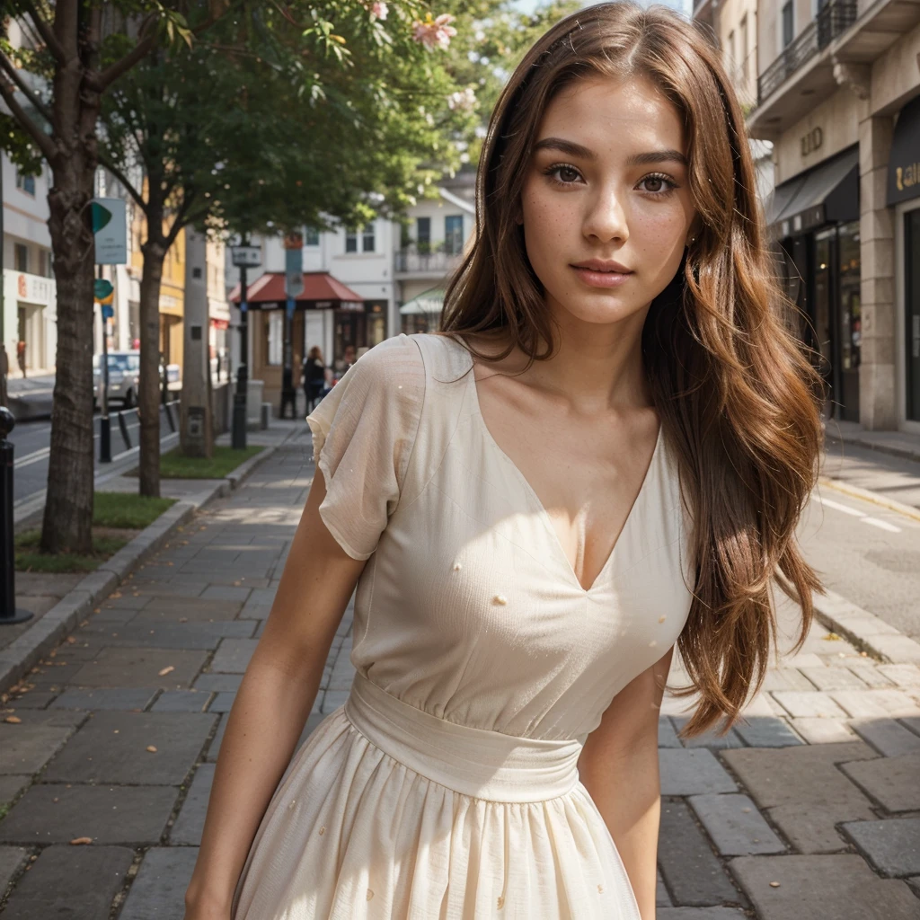 Create a very realistic and beautiful model with the following detailed features: Gender: Female, Age: Young adult (approximately 20-25 years old), Hair: Long, wavy and reddish with a natural shine, gently cascading around the shoulders and back back. . . . . . . . . . . . , Eyes: Bright green with a captivating, slightly almond-shaped look, detailed with natural highlights, Skin: Fair complexion with a light texture, including natural freckles on the nose and cheeks, giving a youthful and vibrant appearance: Fair complexion with a light texture, including natural freckles on the nose and cheeks, giving a youthful and lively appearance, Face: with a smooth and natural contour, soft, full lips with a slight pinkish tint and a slightly delicate upturned nose, Expression : a sweet face, with a touch of mischief, which conveys warmth and accessibility, Clothing: a flowing dress, bright color, orange dress, long dress, Context: the model is in an elegant and flowery street, she is walking, her arms follow the movement, the street is real,
Pose: Relaxed and Confident Posture, Aesthetic, Unsplash, Neoclassicism, Intricate Background, Best Quality, Hyper Detailed, Gratty Sita, 64K, Light Design
