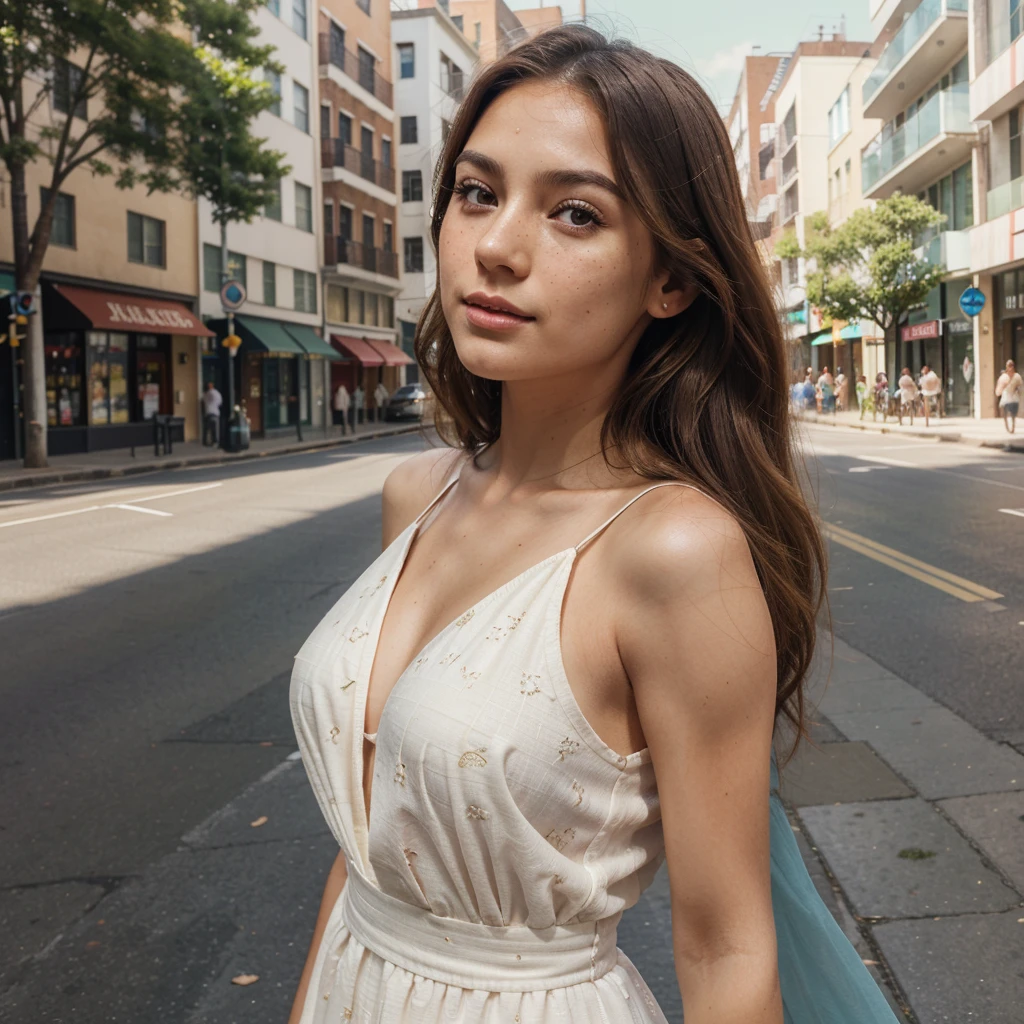 Create a very realistic and beautiful model with the following detailed features: Gender: Female, Age: Young adult (approximately 20-25 years old), Hair: Long, wavy and reddish with a natural shine, gently cascading around the shoulders and back back. . . . . . . . . . , Eyes: Bright green with a captivating, slightly almond-shaped look, detailed with natural highlights, Skin: Fair complexion with a light texture, including natural freckles on the nose and cheeks, giving a youthful and vibrant appearance: Fair complexion with a light texture, including natural freckles on the nose and cheeks, giving a youthful and lively appearance, Face: with a smooth and natural contour, soft, full lips with a slight pinkish tint and a slightly delicate upturned nose, Expression : a sweet face, with a touch of mischief, which transmits warmth and approachability, Clothing: a fluid dress, bright color, Context: the model is in an elegant street, with flowers,
Pose: A relaxed, confident posture, aesthetic, Unsplash, Neoclassicism, Intricate background, Best quality, hyper detailed, Gratty Sita, 64K, Light design
