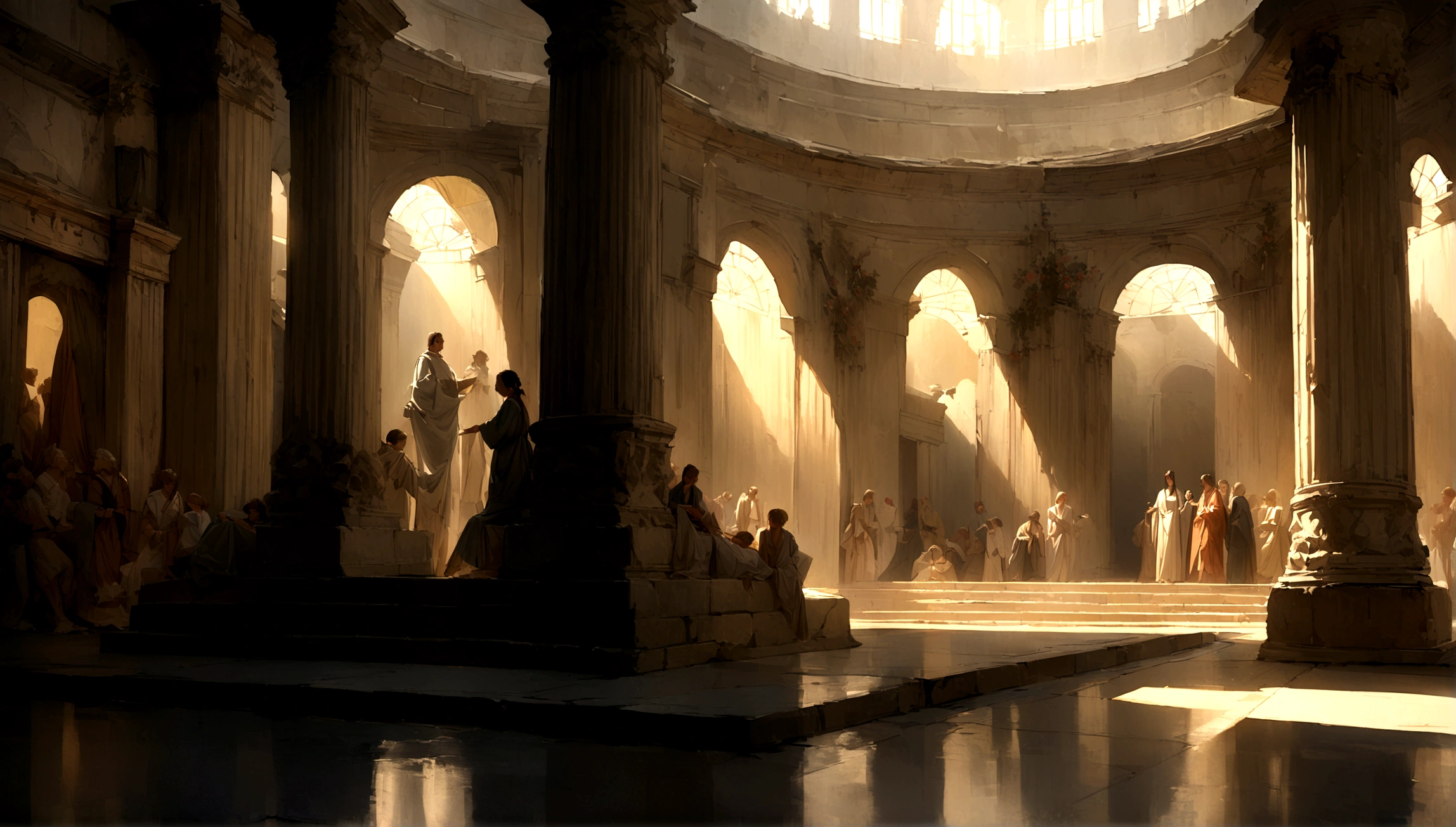 This description outlines a photorealistic image of a serene and tranquil night scene set in a Roman palace, likely during the time of Marcus Aurelius. The environment is ultra-detailed with cinematic lighting that casts dramatic shadows. Soft colors contribute to a moody and atmospheric setting, capturing the essence of stoicism and reflecting a high-quality, masterpiece visual. The 8K resolution enhances the detail and depth, making it feel immersive and lifelike.