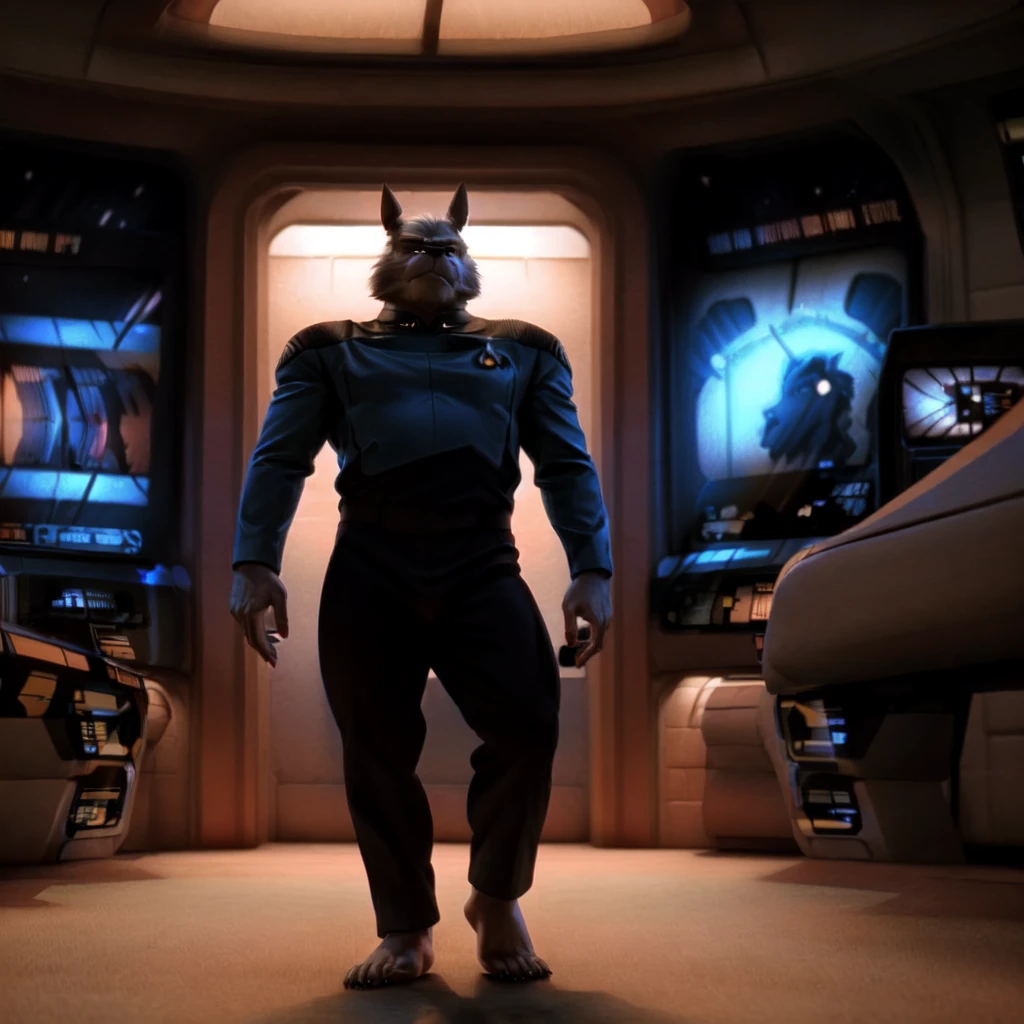 (((Barefoot furry character, full body, cinematic setting, furry male, plantigrade))) 

captain ((Totoro)), studio ghibili, furry, big, fat, whiskers, grey skin, claws,

exudes confidence and authority on starship bridge, wears star trek next generation doctor blue uniform, ((s3stngunf uniform))) long black pants, muscular figure, dynamic pose, action expression

((Bridge of starship with many screens and consoles)), futuristic look, metalic, bright colors

BREAK, intricate details, highly detailed, extreme detail, octane render, fine art, best quality, highres, (detailed face:1.5), ((full_body)), UHD, (((perfect hands))), ((low light:1.5))