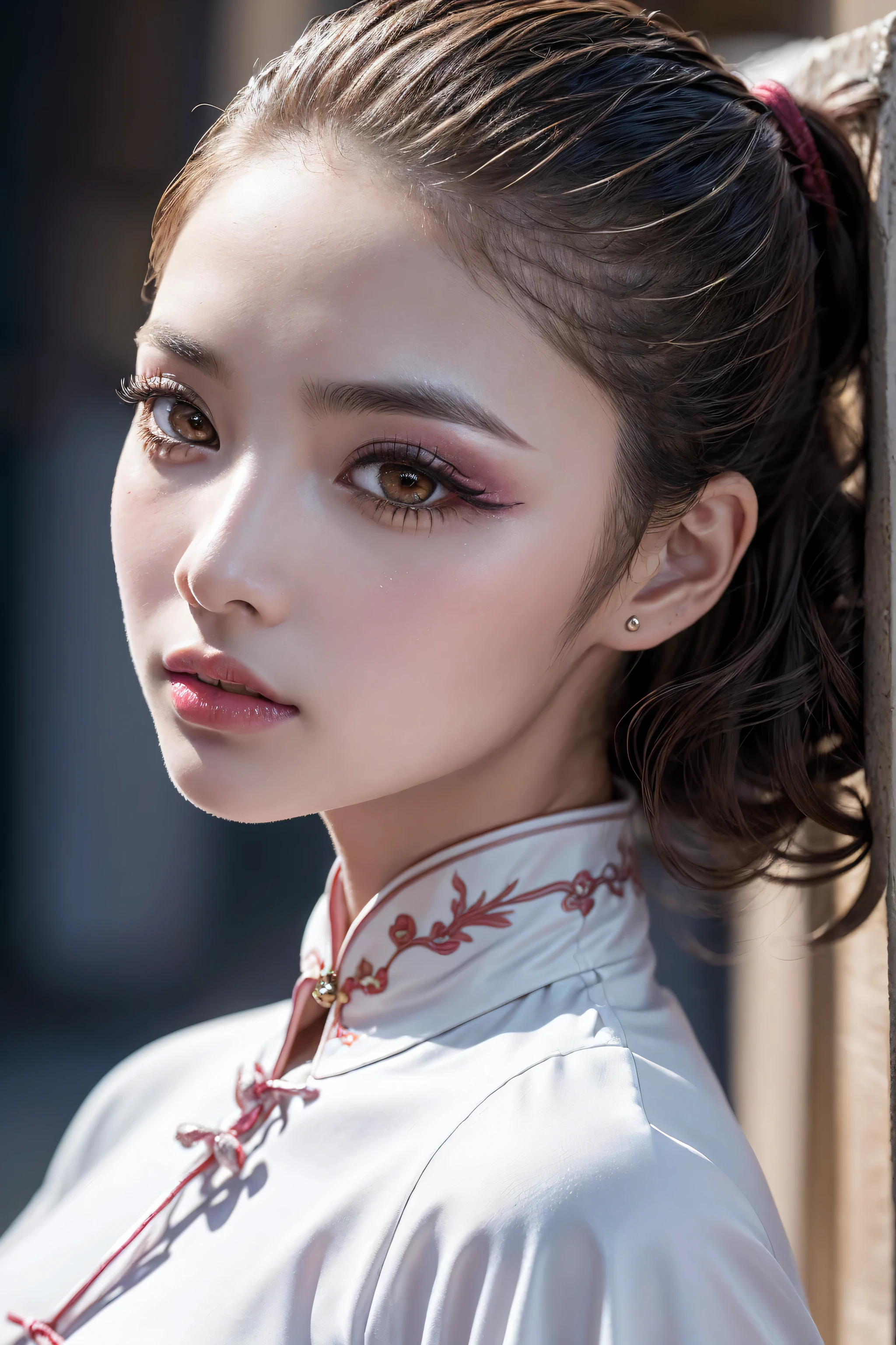 (absurd quality,16k,highres,masterpiece:1.2), ultra details,UHD,(photorealistic Realism 16K Quality), (1woman:1.3 22-year-old), (super quality details, realistic texture: skin, hair), (the most absurd quality perfect eyes), ((natural super beautiful cute sharp-face)), (light pale complexion), ((clear no blur and sharp perfect round realistic brown_eyes:1.35)), finely detailed pupils, detailed lips:1.3, BREAK, ((Fujicolor、daytime soft lighting)、fashion supermodel、((curly heban hair (slicked to the two side) Intricately detailed:1.35)), BREAK, (pink_makeup:1.3), BREAK, ((Classic and sexy ((white)) cheongsam)、Detailed blue decoration:1.3)), BREAK, (Fitted clothing:1.3)、dynamic pose、((close-up of her face:1.35)), (no decorations in the hair), (dark shot:1.2),