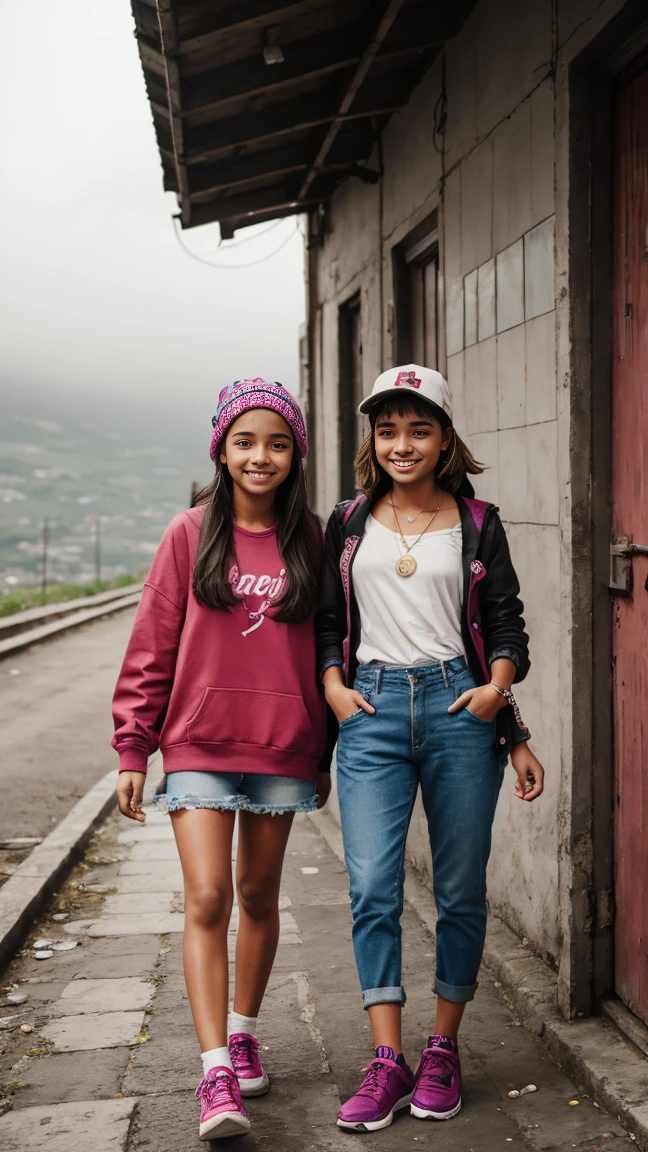 iPhone portrait bright overcast, comuna 13, 1 girls between 19 years old, smiling, trendy casual outfits