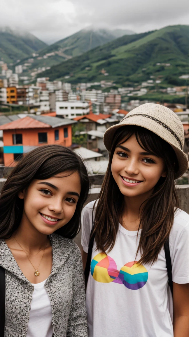 iPhone portrait bright overcast, comuna 13, 1 girls between 19 years old, smiling, trendy casual outfits