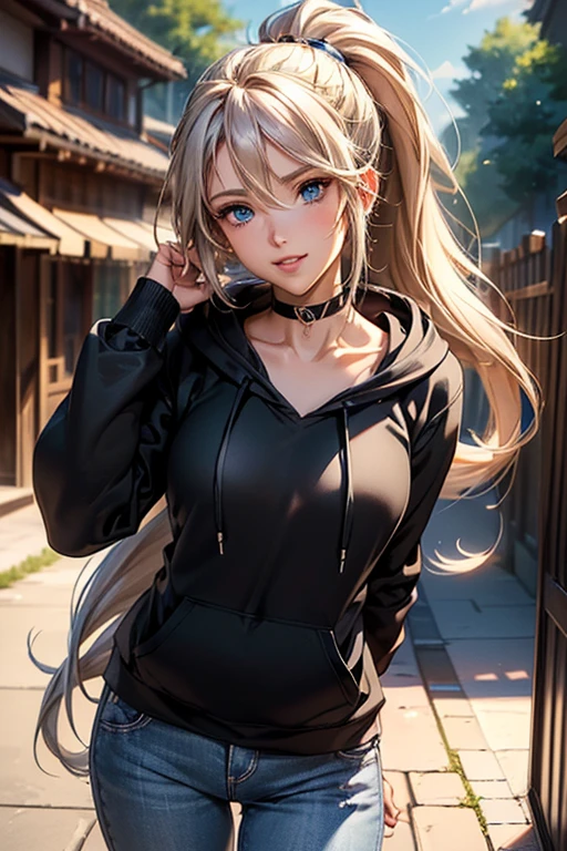 #Basics A girl is posing for a photo, animeのかわいい女の子, (((One Girl, Baby Face, Young girl, 16 years old))),
BREAK
#Clothing Accessories
(Black hoodie:1.4) + White shirt + (Blue denim skinny pants) + Blue sneakers,
Black choker, red gem earrings,
BREAK
#Features
(Blonde), (Chest-length sideburns:1.4 (ponytail : Long Hair + Thin hair tied up + Hair blowing in the wind + Full hair + Curly Hair),
(Droopy eyes, blue eyes), (Small breasts),
BREAK
#background environment
(noon、(A walkway beside a sunny lawn))
#Facial Expression Pose
((Big happy smile + Mouth wide open:1.4 + Teeth are visible), (Stand up straight and put your hands behind your head)),
#composition
((Face the camera, Angle from the front, Cowboy Shot)),
BREAK
#Body parts elements
(Detailed hair, Beautiful Hair, Shiny Hair),
(double eyelid, Long eyelashes),
(Expression of fine eyes, Beautiful and delicate eyes, Sparkling eyes, Eye Reflexes, Glitter Eyeliner),
(Human Ear),
(Beautiful Nose, Thin Nose),
(Glossy lips, Beautiful Lips, Thick lips, Glossy Lips, Natural Cheeks),
(Detailed face, Symmetrical facial features),
(Detailed skin, Textured skin, Beautiful Skin, Shiny skin),
BREAK
#Quality
(((Highest quality)), ((masterpiece)), ((Very detailed))), ((High resolution), (16K,1080P)),
(Realistic), (Anatomically correct),
((comics, anime)), (3DCG), CG illustration,