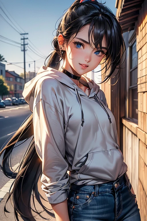 #Basics A girl is posing for a photo, animeのかわいい女の子, (((One Girl, , Young girs old))),
Bhing Accessories
(Black hoodie:1.4) + White shirt + (Blue denim skinny pants) + Blue sneakers,
Black choker, red gem earrings,
BREAK
#Features
(Blonde), (Chest-length sideburns:1.4 (ponytail : Long Hair + Thin hair tied up + Hair blowing in the wind + Full hair + Curly Hair),
(Droopy eyes, blue eyes), (Small breasts),
BREAK
#background environment
(noon、(A walkway beside a sunny lawn))
#Facial Expression Pose
((Big happy smile + Mouth wide open:1.4 + Teeth are visible), (Stand up straight and put your hands behind your head)),
#composition
((Face the camera, Angle from the front, Cowboy Shot)),
BREAK
#Body parts elements
(Detailed hair, Beautiful Hair, Shiny Hair),
(double eyelid, Long eyelashes),
(Expression of fine eyes, Beautiful and delicate eyes, Sparkling eyes, Eye Reflexes, Glitter Eyeliner),
(Human Ear),
(Beautiful Nose, Thin Nose),
(Glossy lips, Beautiful Lips, Thick lips, Glossy Lips, Natural Cheeks),
(Detailed face, Symmetrical facial features),
(Detailed skin, Textured skin, Beautiful Skin, Shiny skin),
BREAK
#Quality
(((Highest quality)), ((masterpiece)), ((Very detailed))), ((High resolution), (16K,1080P)),
(Realistic), (Anatomically correct),
((comics, anime)), (3DCG), CG illustration,