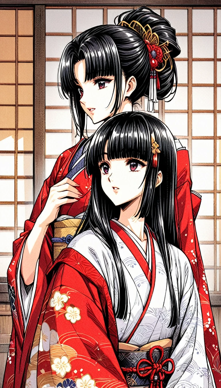 ((Highest quality)), ((masterpiece)), (detailed), （Perfect Face）、（The woman is a -yeld press from the Sengoku period in Japan., Long black hair and a beautiful face　Located in a luxurious samurai residence.、The woman is wearing a Japanese white kimono with a richly embroidered red shiny robe over it.　The red robe worn by Japanese princesses　Her hair is styled in a straight hime cut.　It is decorated with gorgeous ornaments from the Edo period.,   