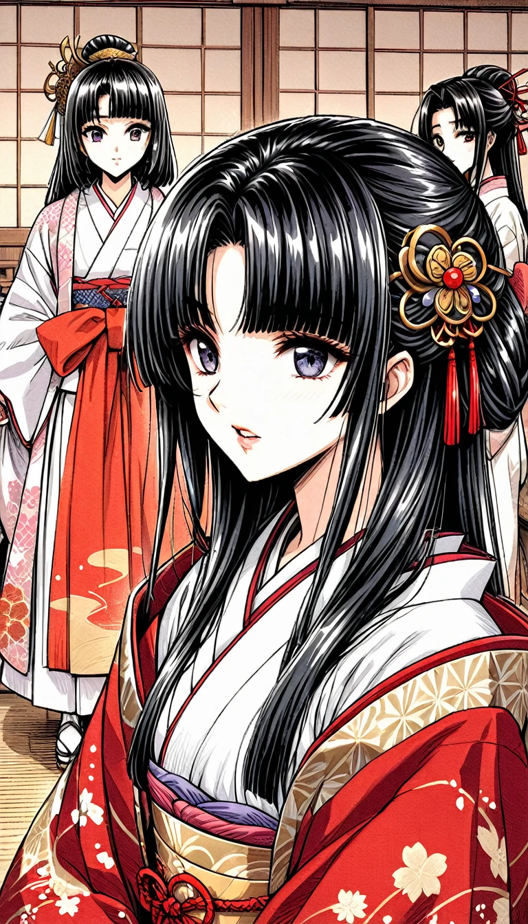 ((Highest quality)), ((masterpiece)), (detailed), （Perfect Face）、（The woman is a -yeld press from the Sengoku period in Japan., Long black hair and a beautiful face　Located in a luxurious samurai residence.、The woman is wearing a Japanese white kimono with a richly embroidered red shiny robe over it.　The red robe worn by Japanese princesses　Her hair is styled in a straight hime cut.　It is decorated with gorgeous ornaments from the Edo period.,   