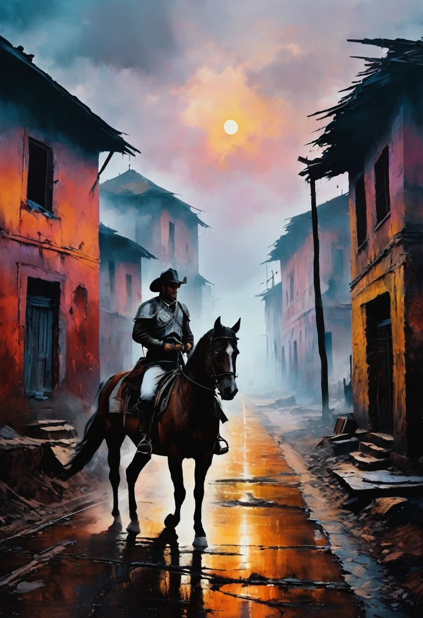 Colorful oil painting. Old dilapidated houses. Very beautiful, gouache, Cinematic, dark, Nasty, mysterious, modern vintage. The fog is thick. ultra-stunning lighting. (Kypchat batyr on horseback with a long spear touching the ground at a fork in the road) dirt in all the cracks; conceptual art, super detailed, amazing composition. hyperrealistic photography, --ar 2:3 --expressive style --v 5.