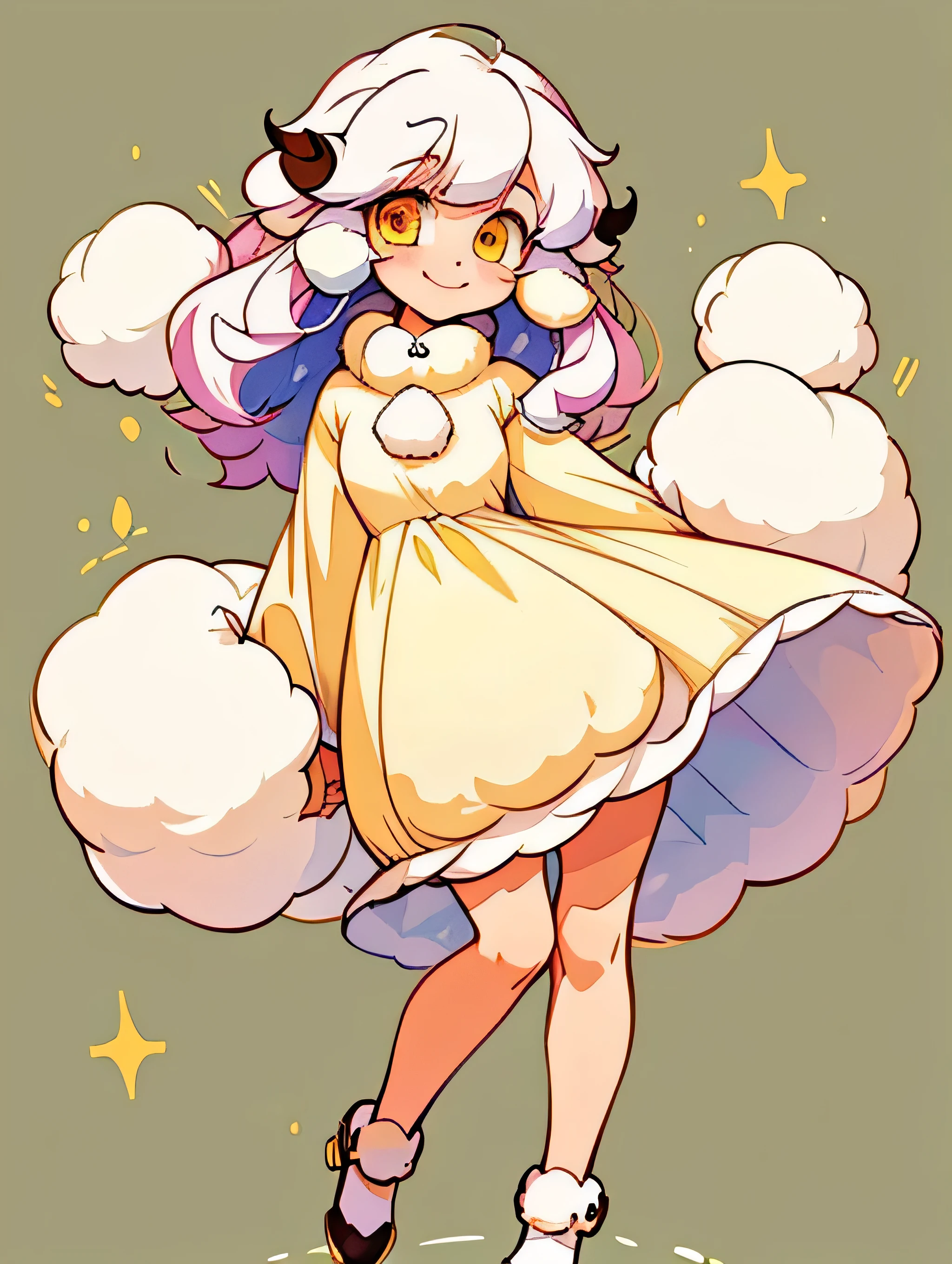 woman, White Curly Hair,Short dress with fluffy fur lining, Curvy, smile、 Fluffy socks, Fair skin, Sheep Girl, Yellow Eyes, Inspired by anime, Inspired by manga, Soft lines, 子Sheep Girl, Sheep Girl, Cute Cartoon Sheep, Soft colors, Full body portrait、Simple background