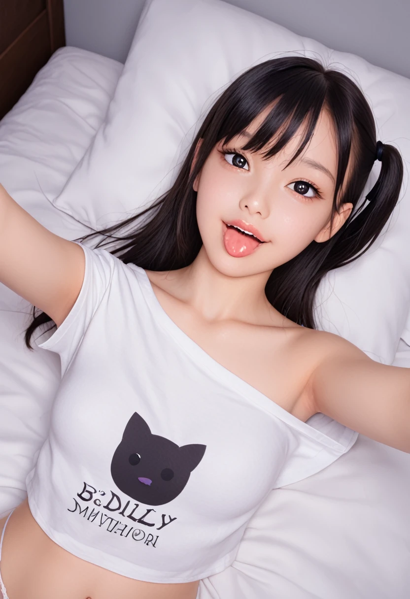 high brightness colors t-shirt,off-shoulder look,bare shoulder,ollarbone,midriff peek,string panties,(open mouth:1.5),(tongue out:2),lying,Selfie,(overhead shot:1),front view,upper body,(1girl,Beautiful  girl),((Slender,Small breasts,Small face,)),(looking at viewer),Black Hair,bangs,one side up,Beautiful and detailed,(Dimly lit room:1.5),Simple Background,White bed,pillow,Mischievous smile
