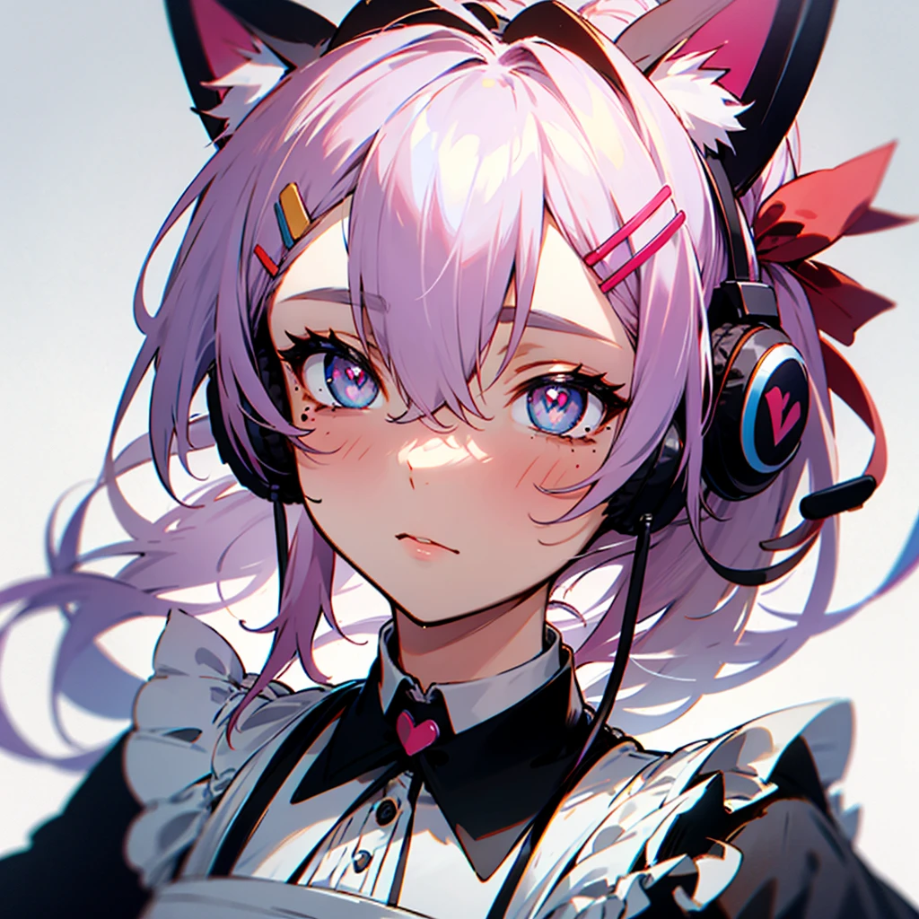 rainbow hair, ponytail, hairclip, hair ribbon, hair bow, maid headdress, goggles, mole under eye, heart-shaped pupils, cat ear headphones, bored