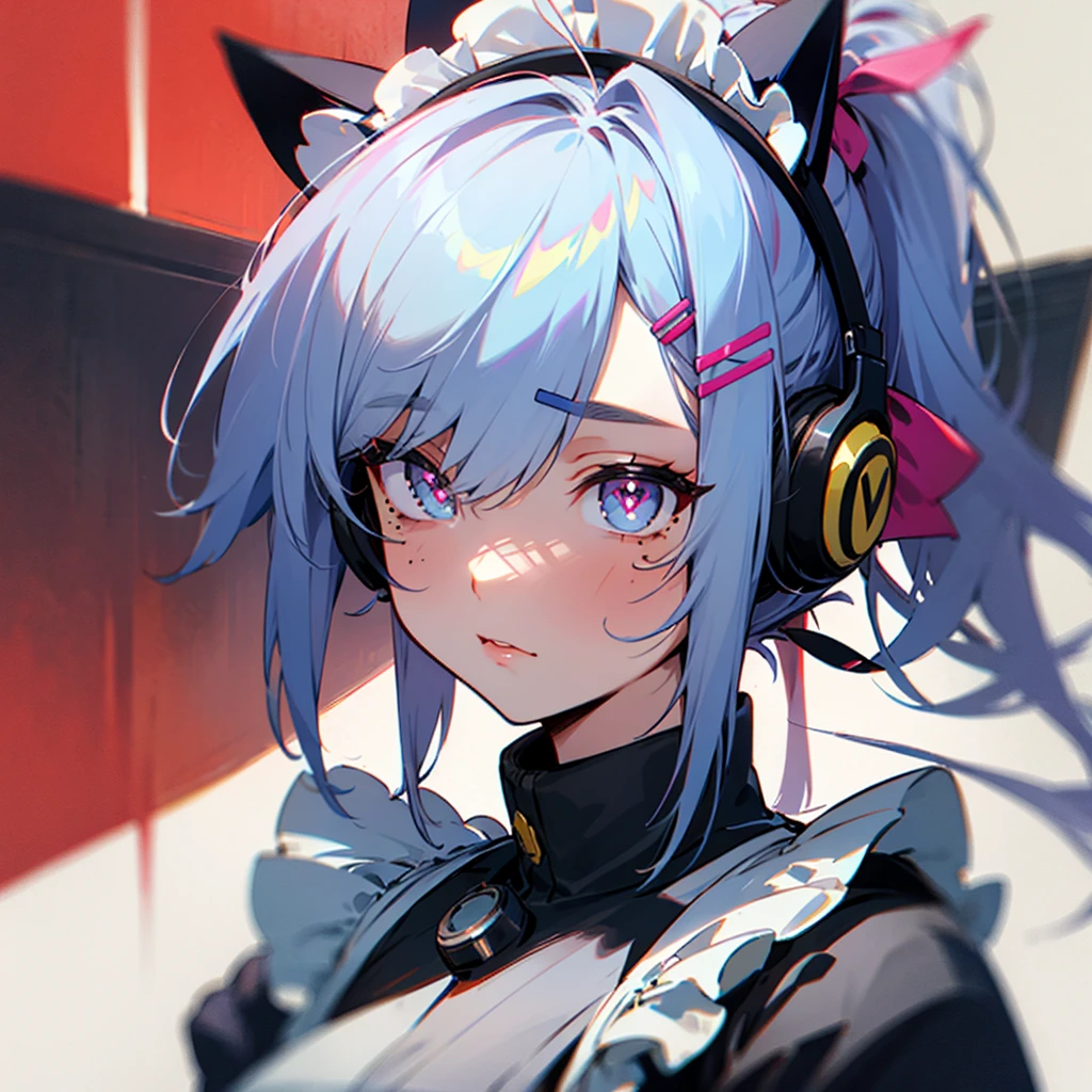 rainbow hair, ponytail, hairclip, hair ribbon, hair bow, maid headdress, goggles, mole under eye, heart-shaped pupils, cat ear headphones, bored