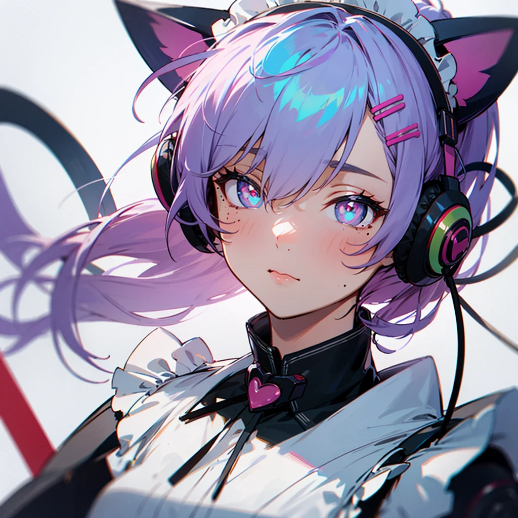 rainbow hair, ponytail, hairclip, hair ribbon, hair bow, maid headdress, goggles, mole under eye, heart-shaped pupils, cat ear headphones, bored