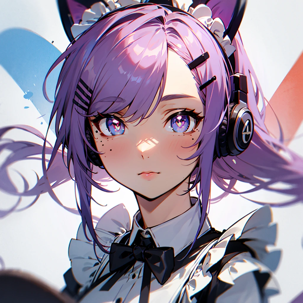 rainbow hair, ponytail, hairclip, hair ribbon, hair bow, maid headdress, goggles, mole under eye, heart-shaped pupils, cat ear headphones, bored