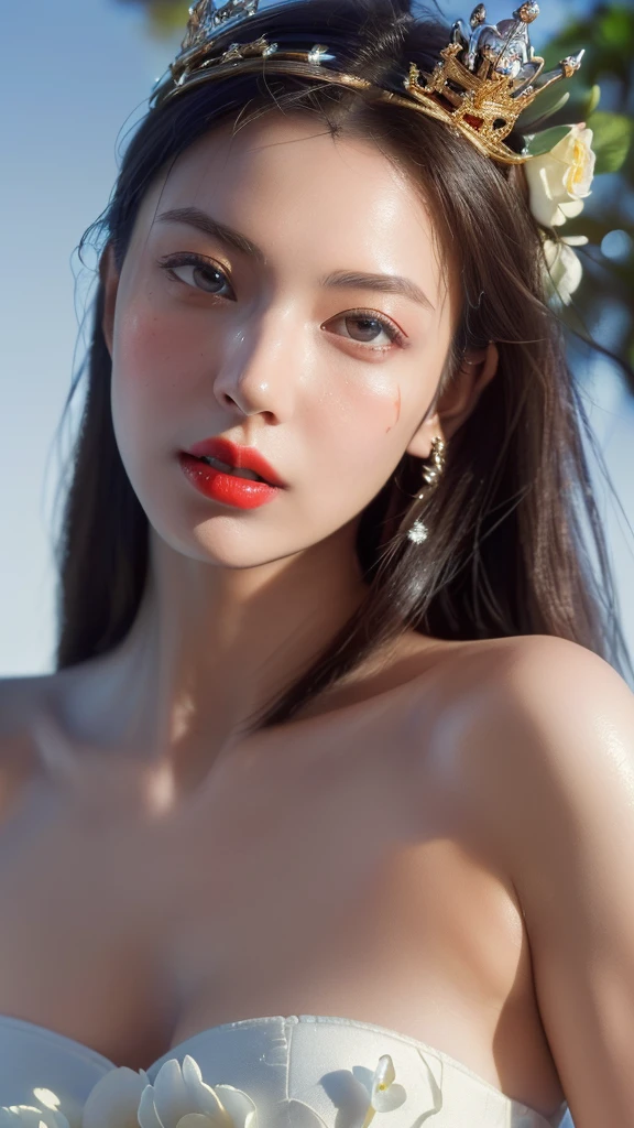 Arafed woman in white hat and dress with red lips, pale porcelain white leather, Gouvez, Gouvez masterpiece, artwork in the style of Gouvez, soft portrait shot 8K, pale young ghost girl, porcelain white leather, Russell Dongjoon Lu, pale milky white porcelain skin, Elegant lady with alabaster skin