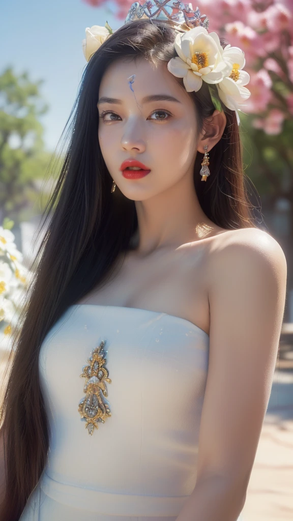 ((Hyper realistic super detailed, masterpiece:9.8, top quality:9.8, best quality:9.8, official art, beautiful:2.9), safe for work, sfw, ultra high res, (photorealistic:3.5), extreme detailed, colorful, highest detailed, official art, unity 8k wallpaper, ultra detailed, 1girl, very hot, very sexy, Detailed face:3.0, face is clear and delicate, 8K RAW, perfect face, Ultra realism, ((1 young Apsara, age 23, very hot, posing in heaven), white clouds, (((a little crown made of flowers on head, jawline))), ((cinematic shot, cinematic lighting, closeup shot, red lips, female anatomy)),  ((long hair:2.2, straight hair:2.4, young apsara, detailed eyes, bare shoulders, white background, sky in background)), ((photo realistic, depth of field, fair skin:1.2)),  high resolution, solo, gorgeous:2.5, upper body, cinematic lighting, HDR (High Dynamic Range), Ray Tracing, NVIDIA RTX, Super-Resolution, Unreal 5, Subsurface scattering, PBR Texturing, Post-processing, Anisotropic Filtering, Depth-of-field, Maximum clarity and sharpness, Multi-layered textures, Surface shading, Accurate simulation of light-material interaction, Perfect proportions, Octane Render, Two-tone lighting, Wide aperture, Low ISO, White balance, Rule of thirds