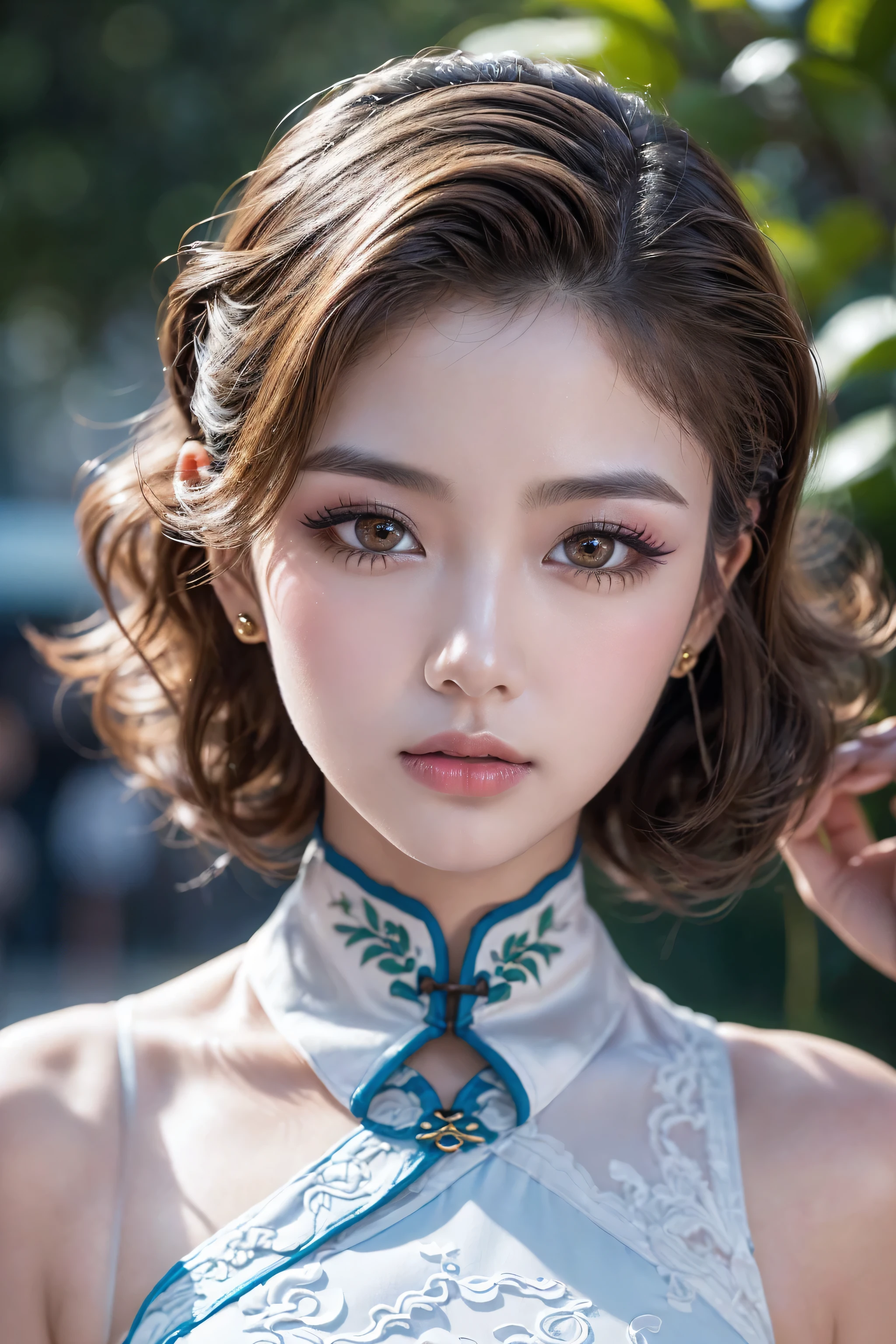 (absurd quality,16k,highres,masterpiece:1.2), ultra details,UHD,(photorealistic Realism 16K Quality), (1woman:1.3 22-year-old), (super quality details, realistic texture: skin, hair), (the most absurd quality perfect eyes), ((natural super beautiful cute sharp-face)), (light pale complexion), ((clear no blur and sharp perfect round realistic brown_eyes:1.35)), finely detailed pupils, detailed lips:1.3, BREAK, ((Fujicolor、daytime soft lighting)、fashion supermodel、((curly heban hair (slicked to the two side) Intricately detailed:1.35)), BREAK, (pink_makeup:1.3), BREAK, ((Classic and sexy ((white)) cheongsam)、Detailed blue decoration:1.3)), BREAK, (Fitted clothing:1.3)、dynamic pose、((close-up of her face:1.35)), (no decorations in the hair), (dark shot:1.2), 