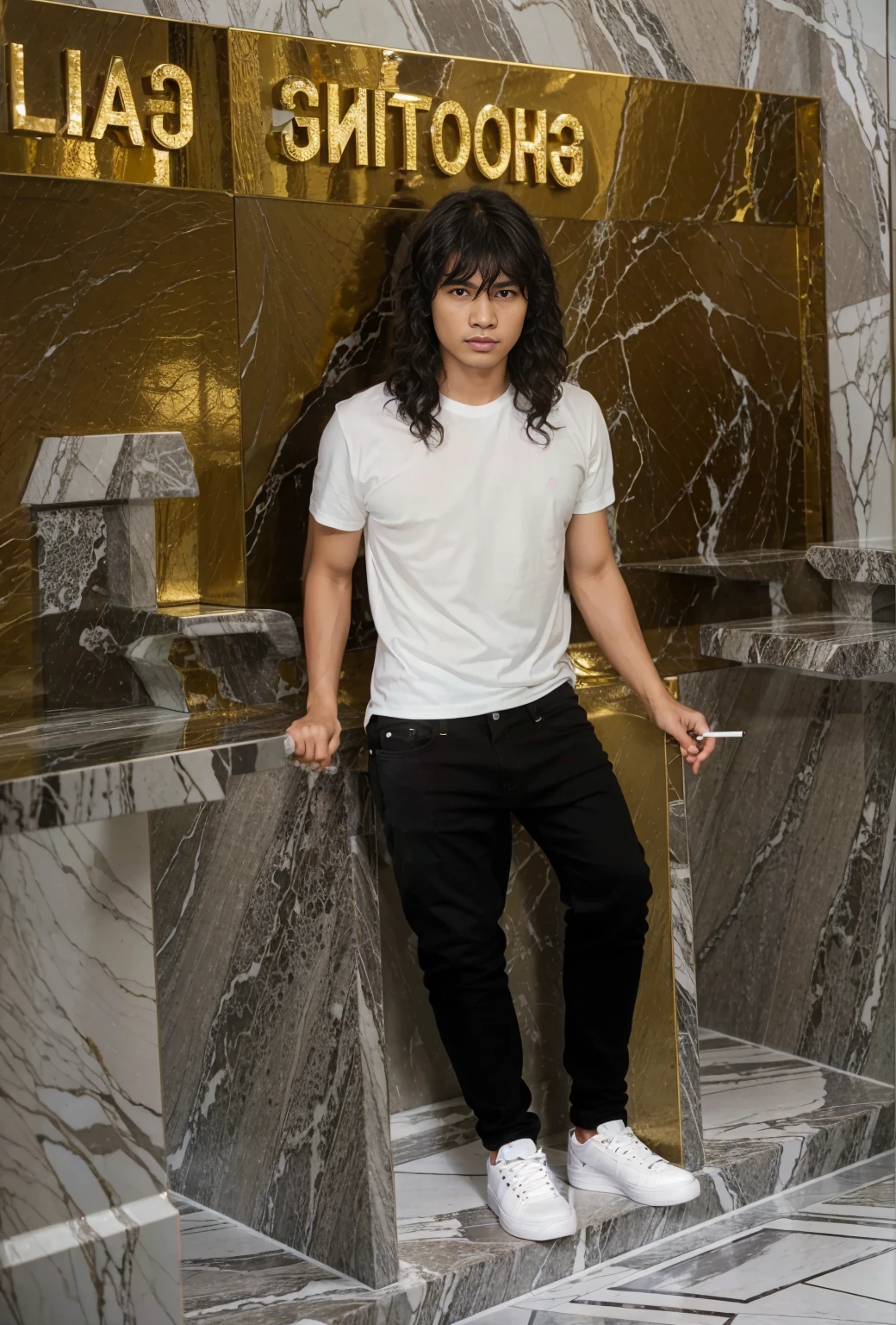 high quality, best quality, photo-realistic, raw-photo, ultra-detailed, High definition, masterpiece, intricate details, detailed texture, finely detailed, shooting room with abstract patterned ceramic interior, You can see text that says SHOOTING GAL, a man from Indonesia with a cigarette from his hand, man with long black hair, wearing a white t-shirt with black jeans,