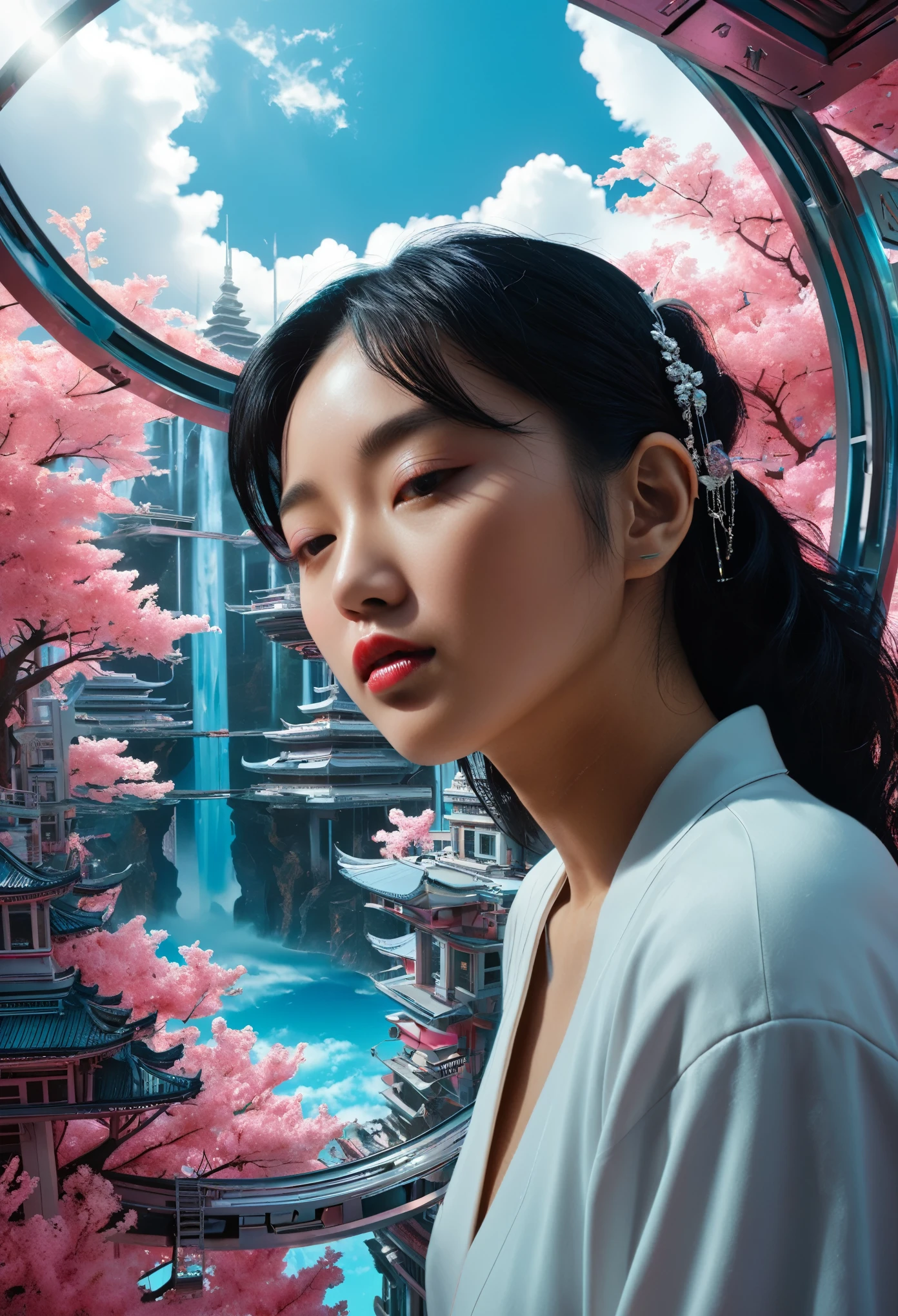 Dismantling the Self, Ultra-realistic surrealism, Dreamscape, An award-winning masterpiece with incredible detail, Chan Ke-chun, Surreal Vaporwave, Marginal Space, Very detailed, Very detailed futuristic, Cleveland Ohio, Cinematic, Rim Light, Octane Rendering, translation