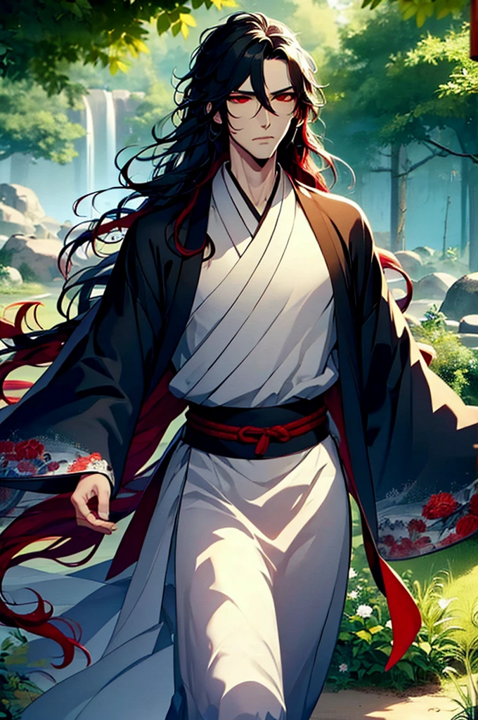 illustration, mo dao zu shi, solo, 1 man, lonely, black and red wavy long hair, red beautiful eyes, realistic cheeks, muscular body, wearing hanfu, Chinese male hanfu, folk costume, tattooed neck, detailed snake neck tattoo, by Kentaro Miura drawn manga, wild style, full body shot, luxurious scenery, AImanhwa style, masterpiece, UHD , awrad award-winning design, Artstation, sharp image, high definition, detailed, detailed, (ultra detailed), (illustration) ,(masterpiece:1.2) , (best quality: 1.2)