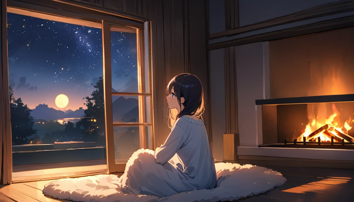 masterpiece, best quality, 1girl,
On a quiet night, a girl with blue eyes, eye glasses, and short black hair sits by a floor-to-ceiling window in a light blue nightgown, admiring the view outside. A soft wool carpet is placed beside her and the fire by the fireplace fills the room with a warm atmosphere. The picture is like an illustration, beautiful and picturesque, warmth, relaxation, ease, comfort, comfort, tranquility, relaxation, pleasure, calmness, Looking out the window, midnight, starry sky, moon,