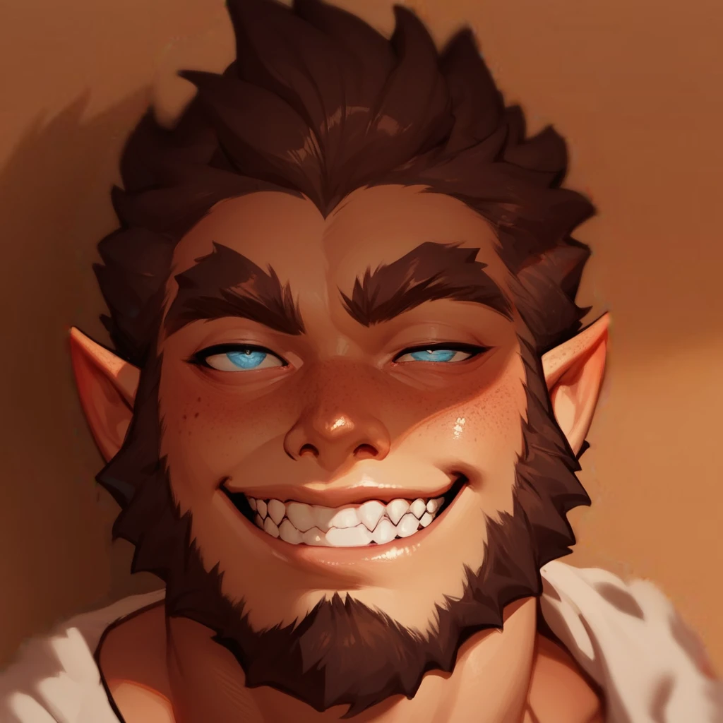  beard, thick eyebrows, squinted eyes, horny, smile, pointy ears

