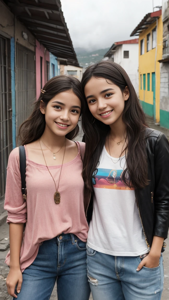 iPhone portrait bright overcast, comuna 13, 1 girls between 19 years old, smiling, trendy casual outfits