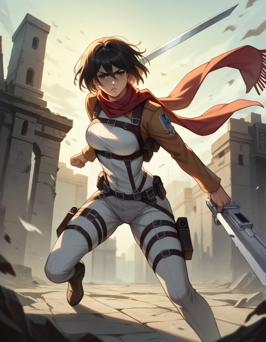 Mikasa Ackerman from Shingeki no Kyojin depicted as a real person, captured in a cinematic photograph with her iconic red scarf, flying atop the ruins of titans wielding ultra-hard steel blades. Dynamic mid-air action pose, intense focus, dramatic lighting enhancing the epic scene, ruined landscape providing a striking and immersive backdrop, cinematic photography style, trending on professional photography platforms, high resolution, detailed composition.