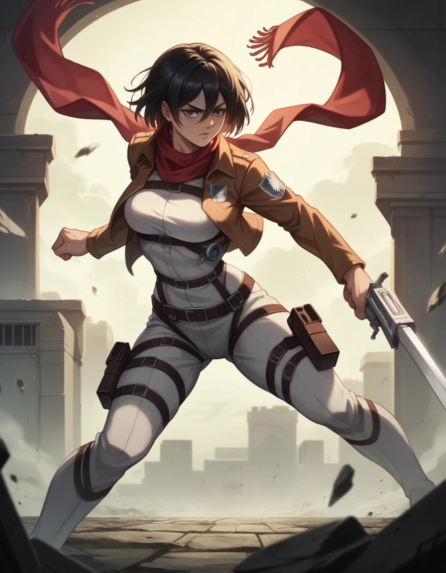 Mikasa Ackerman from Shingeki no Kyojin depicted as a real person, captured in a cinematic photograph with her iconic red scarf, flying atop the ruins of titans wielding ultra-hard steel blades. Dynamic mid-air action pose, intense focus, dramatic lighting enhancing the epic scene, ruined landscape providing a striking and immersive backdrop, cinematic photography style, trending on professional photography platforms, high resolution, detailed composition.