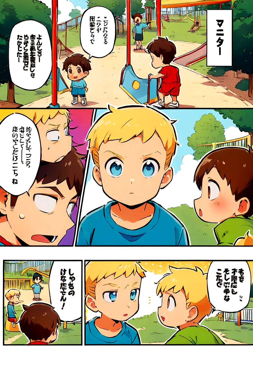 Comic book cover featuring two boys, Peter and Lucas, with the title "Peter and Forgiveness" at the top. Peter has short brown hair, brown eyes, and is wearing a blue t-shirt, blue shorts, and white sneakers. Lucas has blonde hair, blue eyes, and is wearing a red t-shirt, red shorts, and white sneakers. They are standing in a colorful children's park with swings, a slide, and trees in the background. The title is bold and colorful. The boys' expressions show a mix of conflict and resolution. The art style should be consistent with traditional comic book drawings, with bright colors and clear outlines.