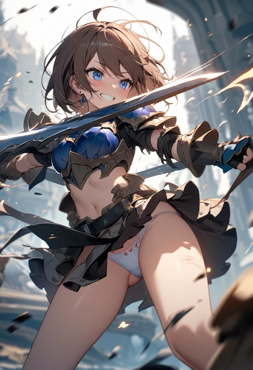 Brat, ((masterpiece)), High resolution, 10 years old、girl、 Brown Hair、Short Bob、((smile、Grin))、Excited、Sweating all over the body、Bright Blue Eyes、smile、((Grin))、Earrings、(((Hold the sword with both hands、Cut in half)))、((Deathblow、mystery))、Sparks fly、Disturbed、Light、逆Light、Strong winds、highlight、Motion Blur、Tattered Armor(mini skirt、wind lift:1.2、A little bit of her ribbon-adorned panties are visible.)、Shallow depth of field、final battle、Fantastic、