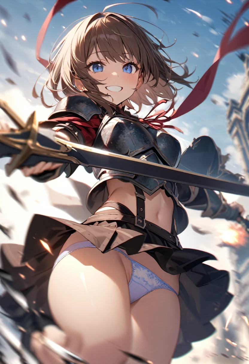 Brat, ((masterpiece)), High resolution, 10 years old、girl、 Brown Hair、Short Bob、((smile、Grin))、Excited、Sweating all over the body、Bright Blue Eyes、smile、((Grin))、Earrings、(((Hold the sword with both hands、Cut in half)))、((Deathblow、mystery))、Sparks fly、Disturbed、Light、逆Light、Strong winds、highlight、Motion Blur、Tattered Armor(、wind lift:1.2、A little bit of her ribbon-adorned  are visible.)、Shallow depth of field、final battle、Fantastic、