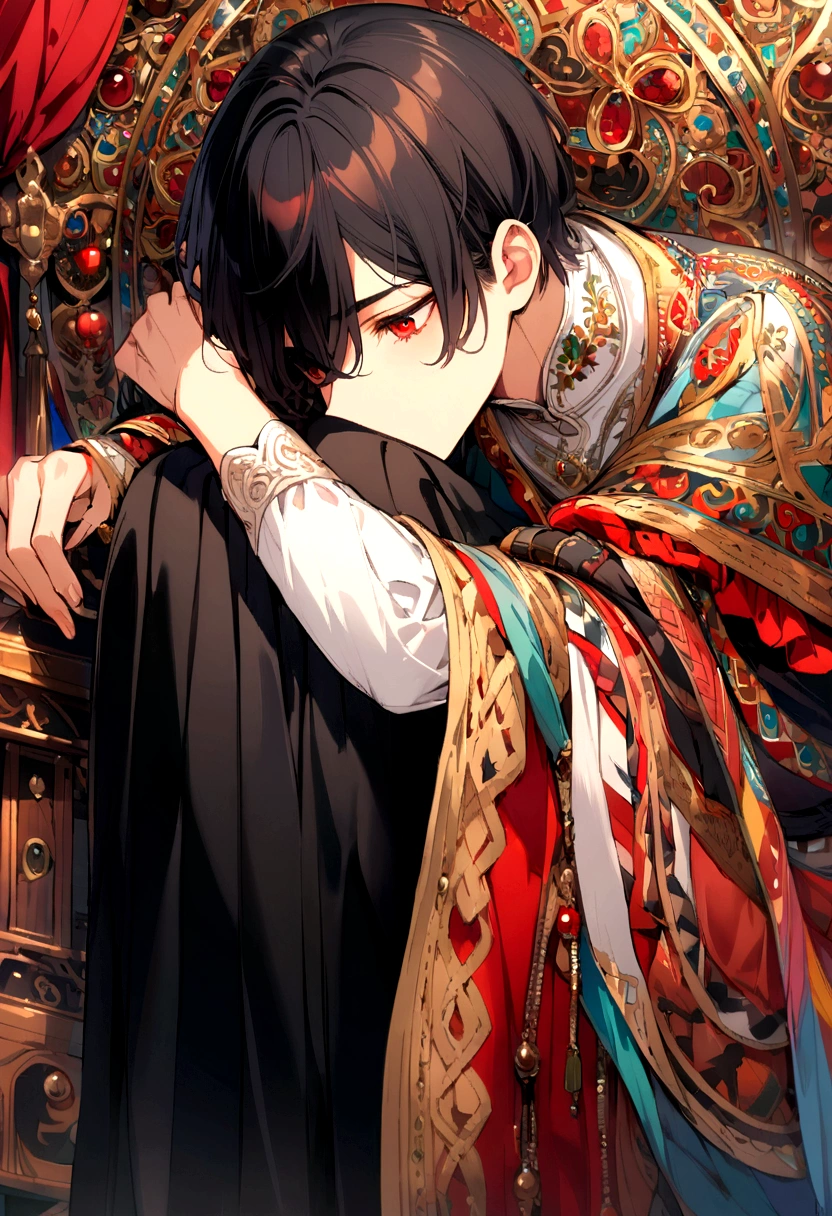 boy, red eyes, black hair, hiding face, curled up