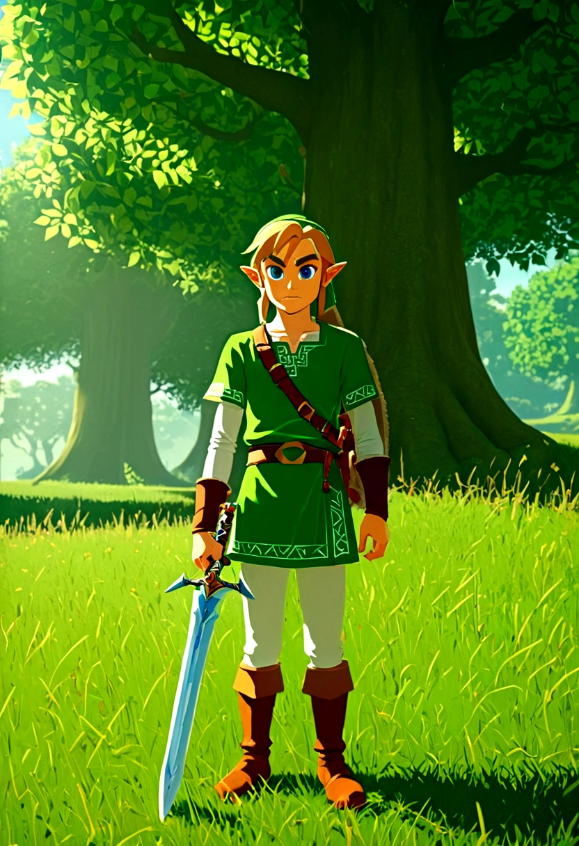 (The Legend of Zelda), Brave Link, forest, by James R. Eads, Georges Seurat Style, full body, (Photography), panoramic view, award-winning, cinematic still, emotional, vignette, dynamic, vivid, (masterpiece, best quality, Professional, perfect composition, very aesthetic, absurdres, ultra-detailed, intricate details:1.3)