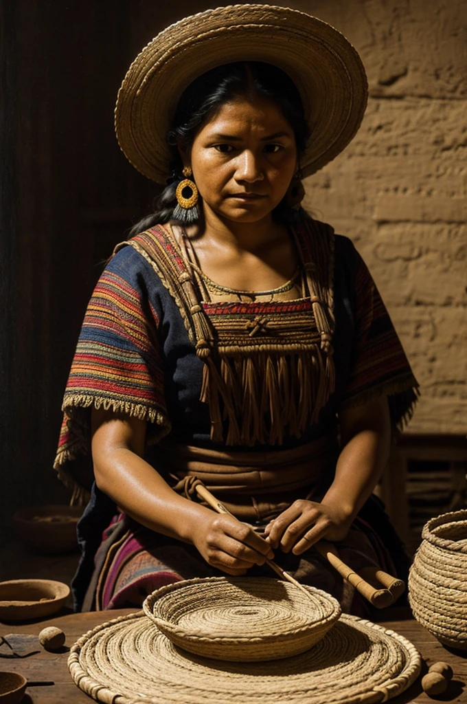 Mexican indigenous woman weaving reboso by hand in the background, it can be seen in a clay vase, oil painting style, good handling of light and dark, Rembrandt painting style 